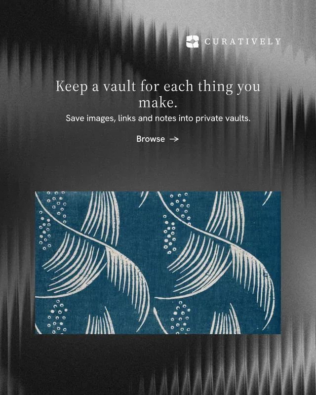 Instagram portrait post for Curatively: "Keep a vault for each thing you make." Minimal luxury style, centred layout, dark palette in black, blue, grey.