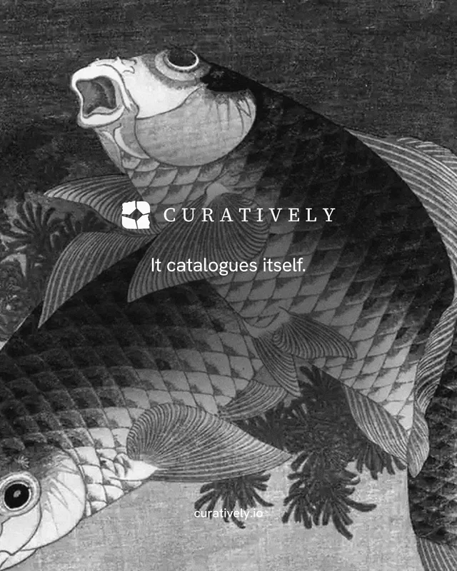 Instagram portrait post for Curatively: "It catalogues itself." Editorial style, end card layout, dark palette in black, grey.