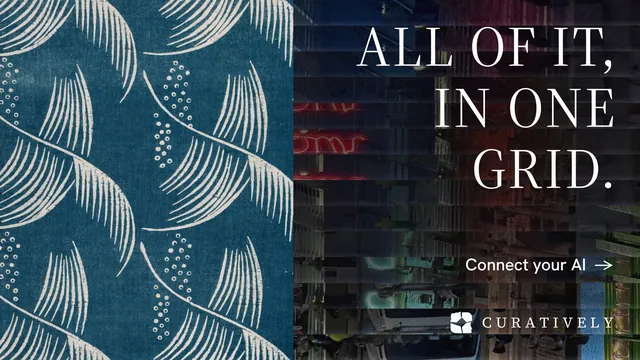 Landscape graphic for Curatively: "All of it, in one grid." Minimal luxury style, right layout, dark palette in black, blue, grey.