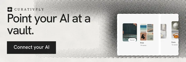 X header for Curatively: "Point your AI at a vault." Swiss style, skeleton layout, light palette in white, grey.