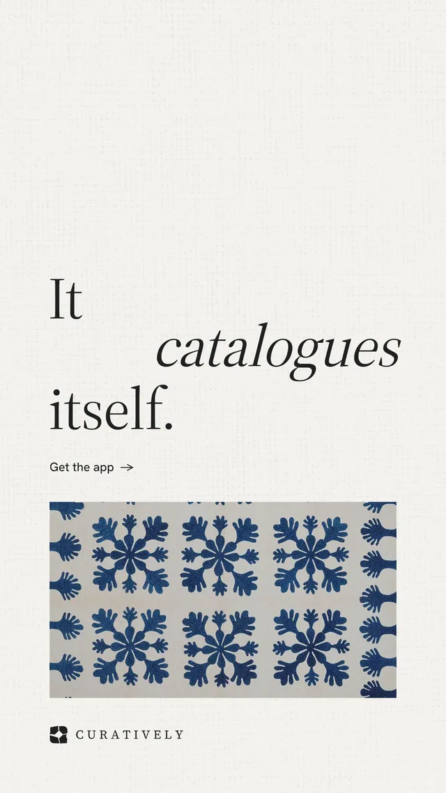 Instagram story for Curatively: "It catalogues itself." Minimal luxury style, stacked layout, light palette in white, grey.