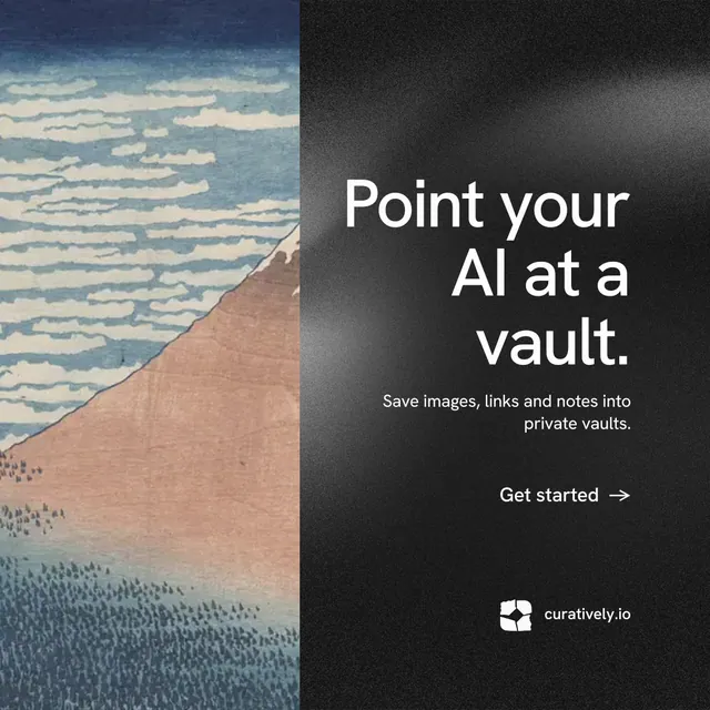 Instagram post for Curatively: "Point your AI at a vault." Minimal luxury style, right layout, dark palette in black, grey.