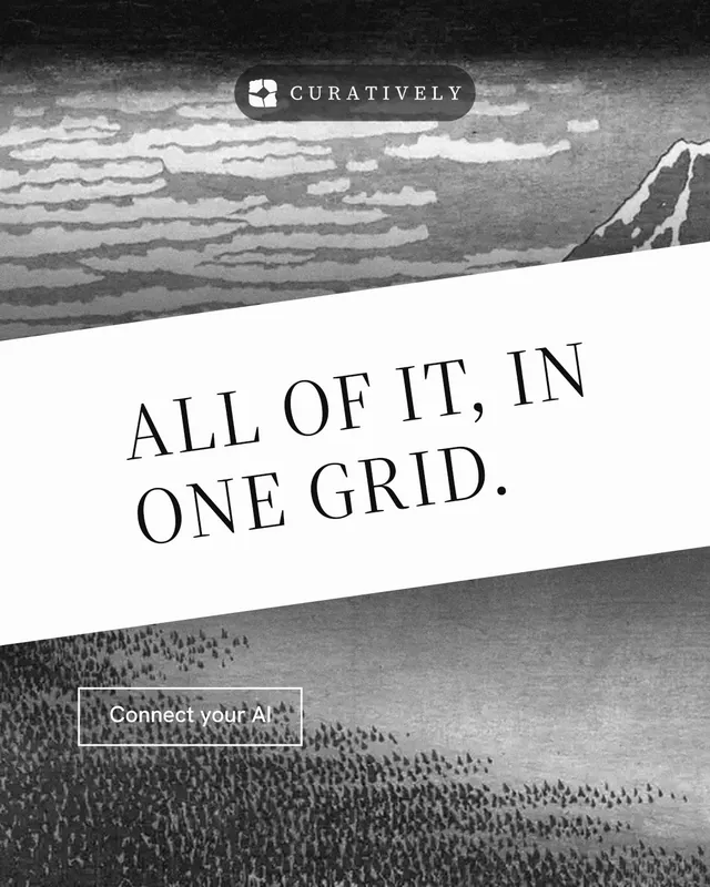 Instagram portrait post for Curatively: "All of it, in one grid." Editorial style, diagonal layout, light palette in grey, white, black.