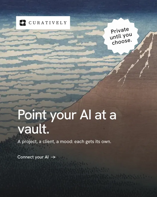 Instagram portrait post for Curatively: "Point your AI at a vault." Minimal luxury style, sticker layout, dark palette in grey, black.