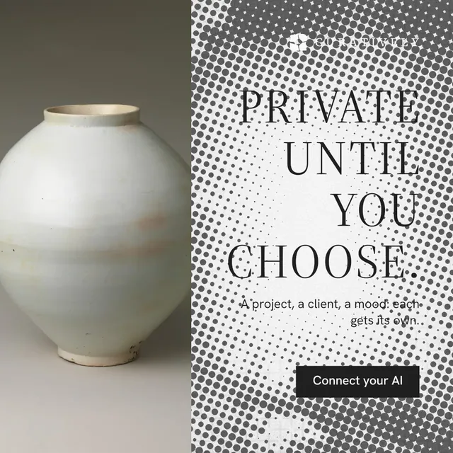 Instagram post for Curatively: "Private until you choose." Split block style, right layout, light palette in grey, white.