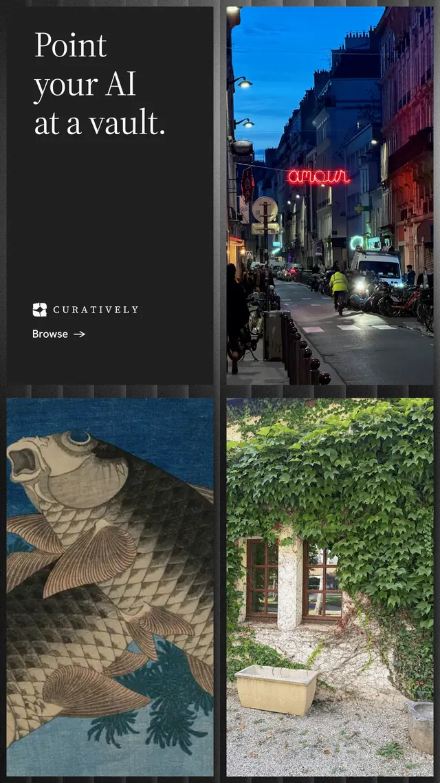 Instagram story for Curatively: "Point your AI at a vault." Minimal luxury style, collage layout, dark palette in black, grey, blue.