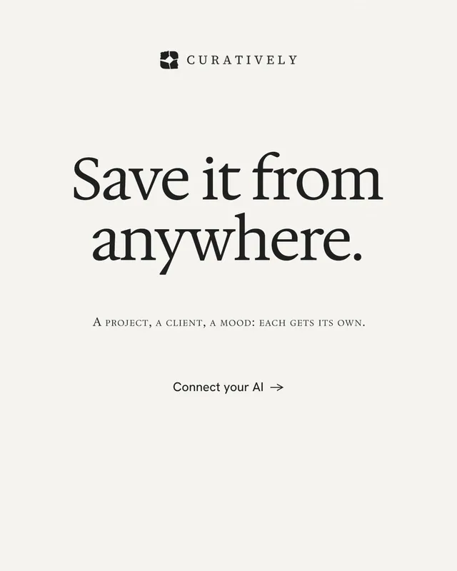 Instagram portrait post for Curatively: "Save it from anywhere." Minimal luxury style, smallcaps layout, light palette in white.