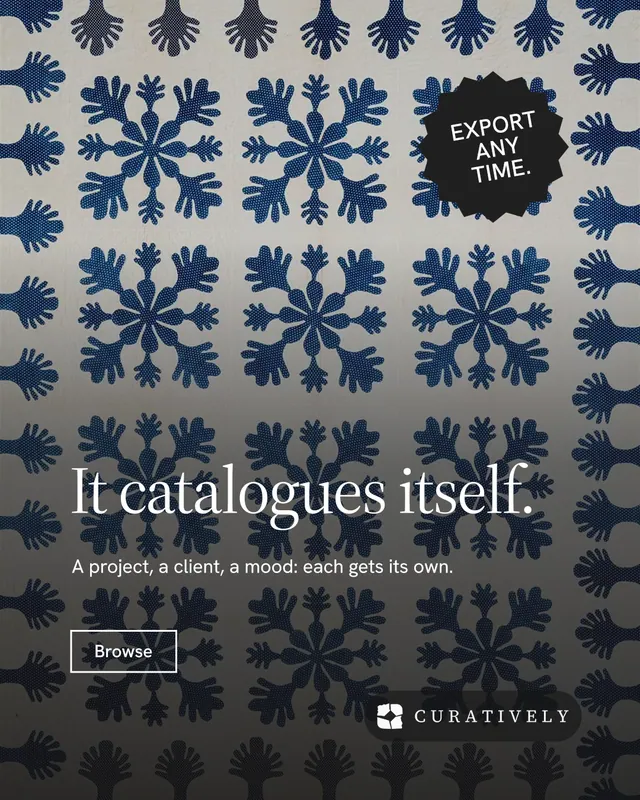 Instagram portrait post for Curatively: "It catalogues itself." Editorial style, sticker layout, dark palette in grey, black.