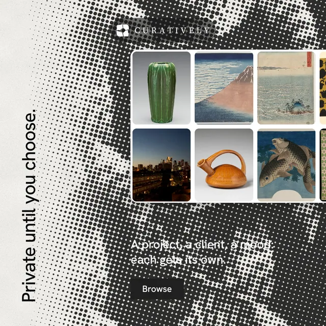 Instagram post for Curatively: "Private until you choose." Swiss style, vertical layout, light palette in black, grey, white.