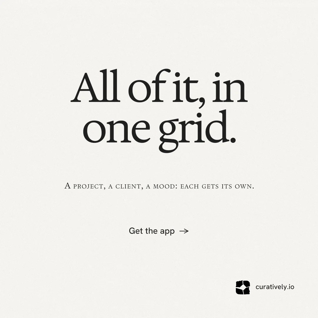 Instagram post for Curatively: "All of it, in one grid." Swiss style, smallcaps layout, light palette in white, grey.