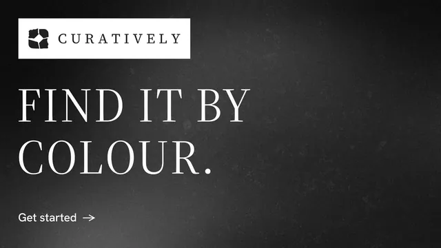 Landscape graphic for Curatively: "Find it by colour." Minimal luxury style, announce layout, dark palette in black, grey.