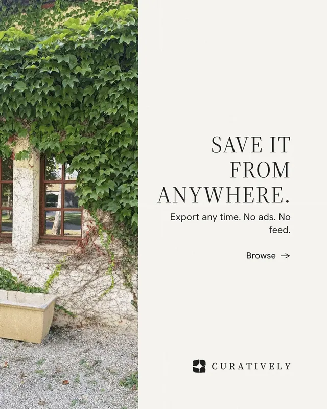 Instagram portrait post for Curatively: "Save it from anywhere." Minimal luxury style, right layout, light palette in white, green, grey.