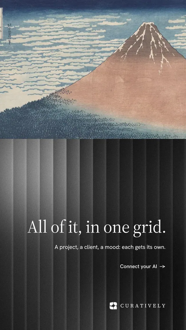 Instagram story for Curatively: "All of it, in one grid." Minimal luxury style, right layout, dark palette in black, grey.
