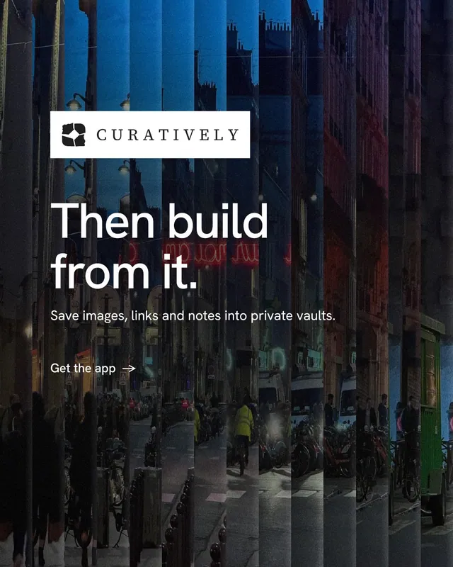 Instagram portrait post for Curatively: "Then build from it." Minimal luxury style, announce layout, dark palette in black, blue.