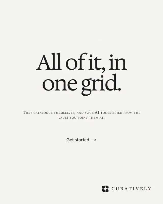 Instagram portrait post for Curatively: "All of it, in one grid." Swiss style, smallcaps layout, light palette in white.
