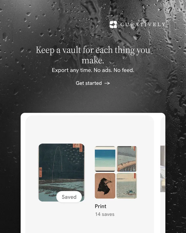 Instagram portrait post for Curatively: "Keep a vault for each thing you make." Minimal luxury style, centred layout, light palette in grey, white, black.
