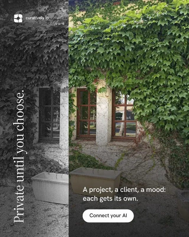 Instagram portrait post for Curatively: "Private until you choose." Photo poster style, vertical layout, dark palette in black, grey.