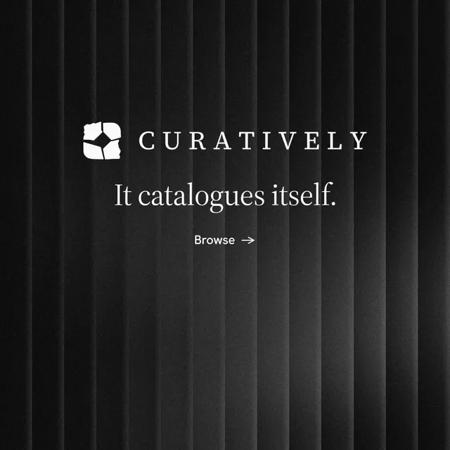 Instagram post for Curatively: "It catalogues itself." Minimal luxury style, logo hero layout, dark palette in black, grey.