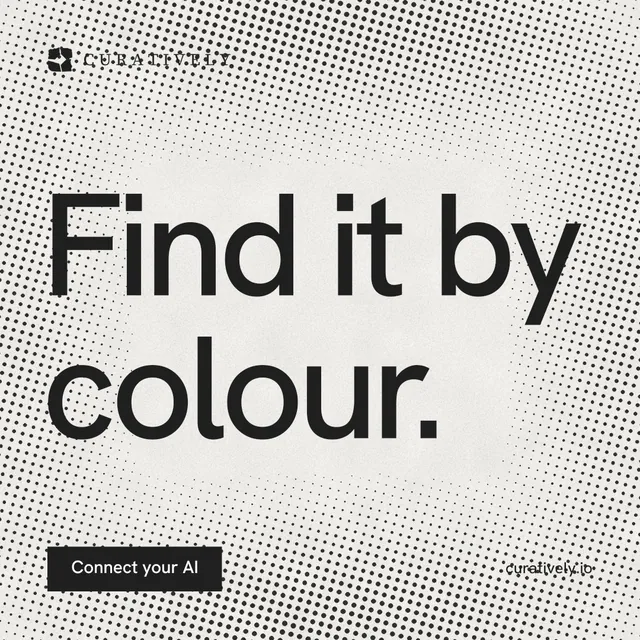 Instagram post for Curatively: "Find it by colour." Swiss style, poster layout, light palette in white, grey.