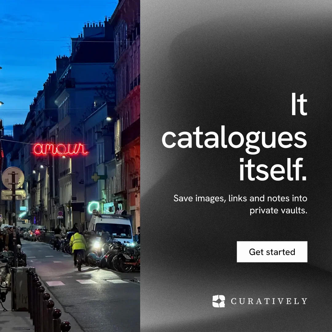 Instagram post for Curatively: "It catalogues itself." Swiss style, right layout, dark palette in grey, blue, black.