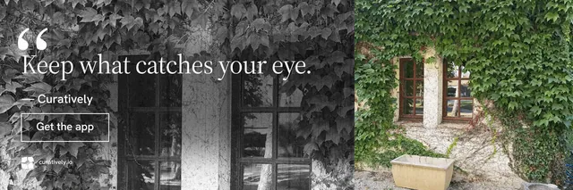 X header for Curatively: "Saved, sorted and yours." Editorial style, quote layout, dark palette in grey, black.