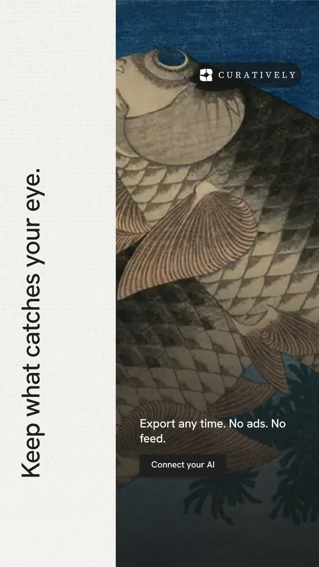 Instagram story for Curatively: "Keep what catches your eye." Swiss style, vertical layout, light palette in black, grey, white.