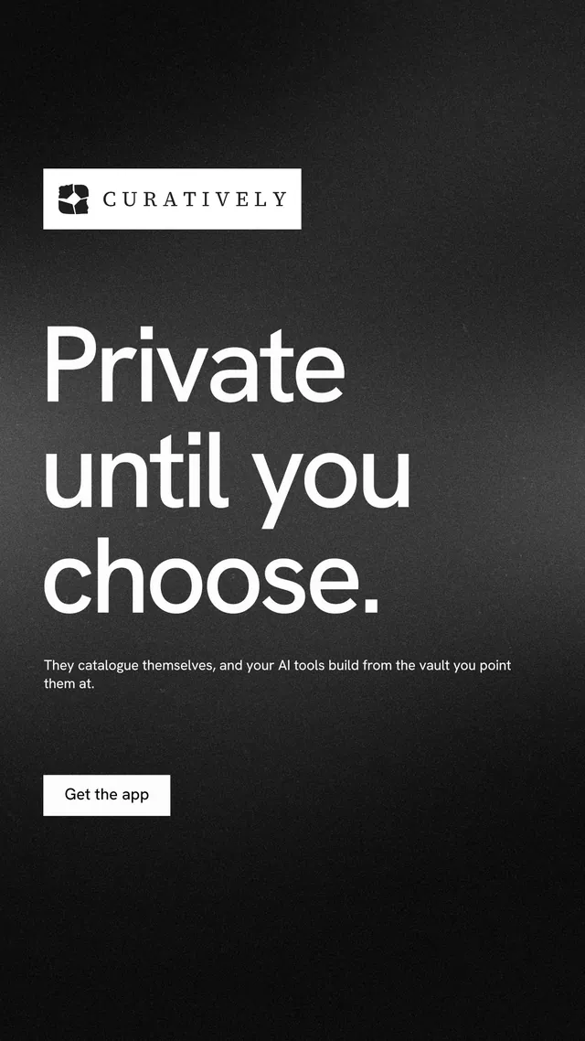 Instagram story for Curatively: "Private until you choose." Swiss style, announce layout, dark palette in black, grey.