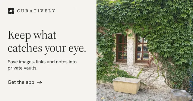 Social ad for Curatively: "Keep what catches your eye." Minimal luxury style, bottom layout, light palette in white, green, grey.