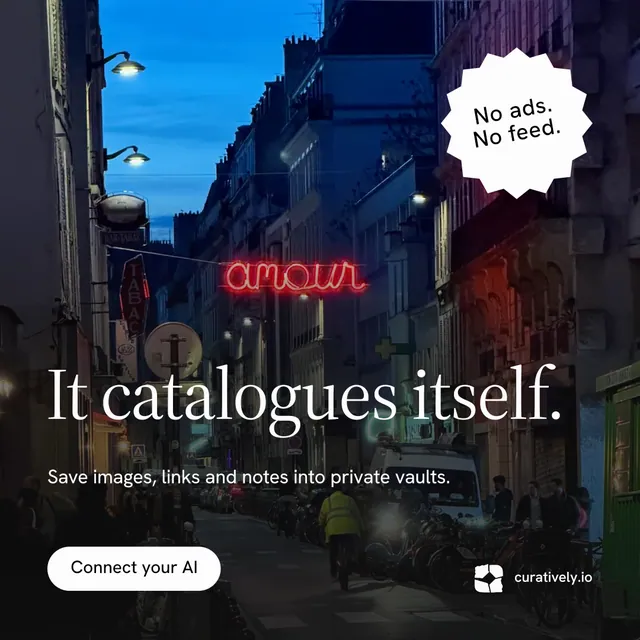 Instagram post for Curatively: "It catalogues itself." Photo poster style, sticker layout, dark palette in black, blue, grey.