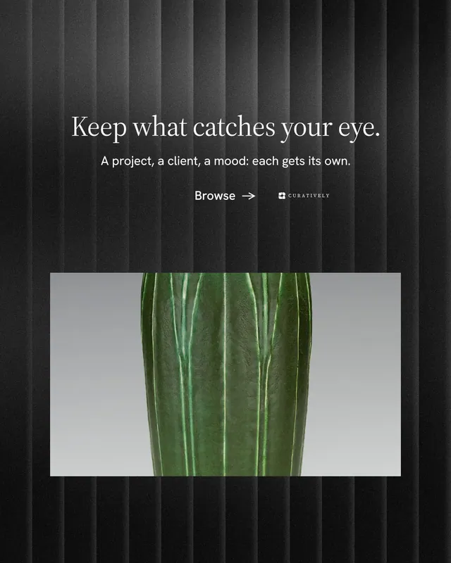 Instagram portrait post for Curatively: "Keep what catches your eye." Minimal luxury style, centred layout, dark palette in black, grey.