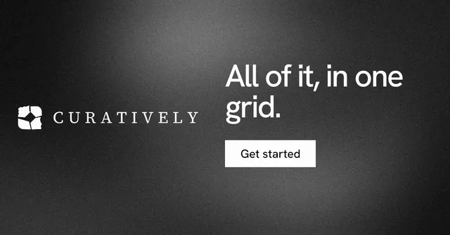 Social ad for Curatively: "All of it, in one grid." Swiss style, logo hero layout, dark palette in black, grey.