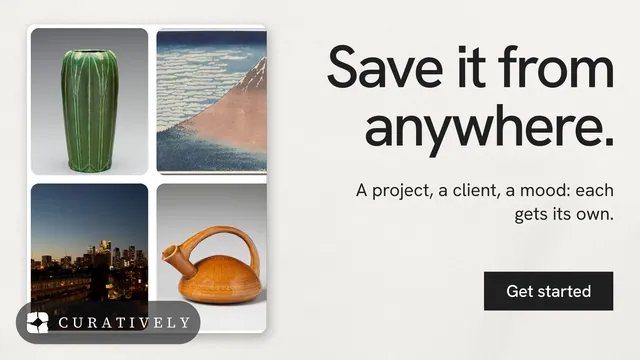 Landscape graphic for Curatively: "Save it from anywhere." Swiss style, right layout, light palette in white, grey.