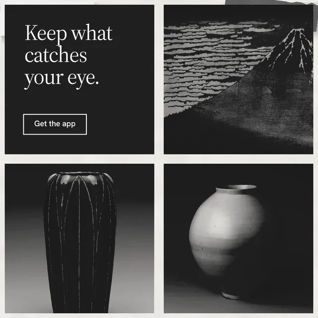Instagram post for Curatively: "Keep what catches your eye." Editorial style, collage layout, dark palette in black, grey, white.