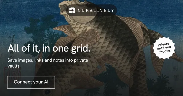 Social ad for Curatively: "All of it, in one grid." Editorial style, sticker layout, dark palette in black, blue, grey.