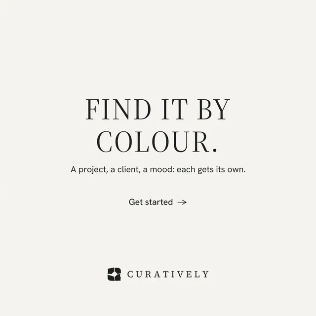 Instagram post for Curatively: "Find it by colour." Minimal luxury style, centred layout, light palette in white.