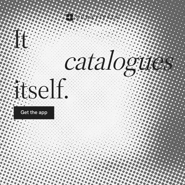 Instagram post for Curatively: "It catalogues itself." Split block style, stacked layout, light palette in grey, white.