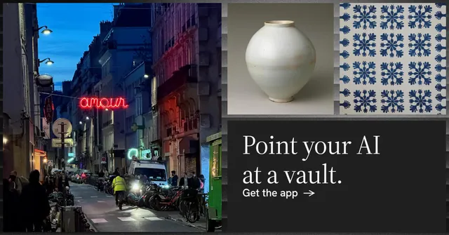 Social ad for Curatively: "Point your AI at a vault." Minimal luxury style, collage layout, dark palette in black, grey.