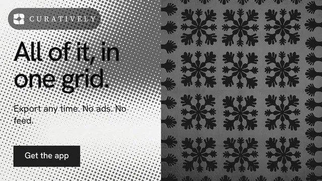 Landscape graphic for Curatively: "All of it, in one grid." Swiss style, bottom layout, light palette in grey, black, white.