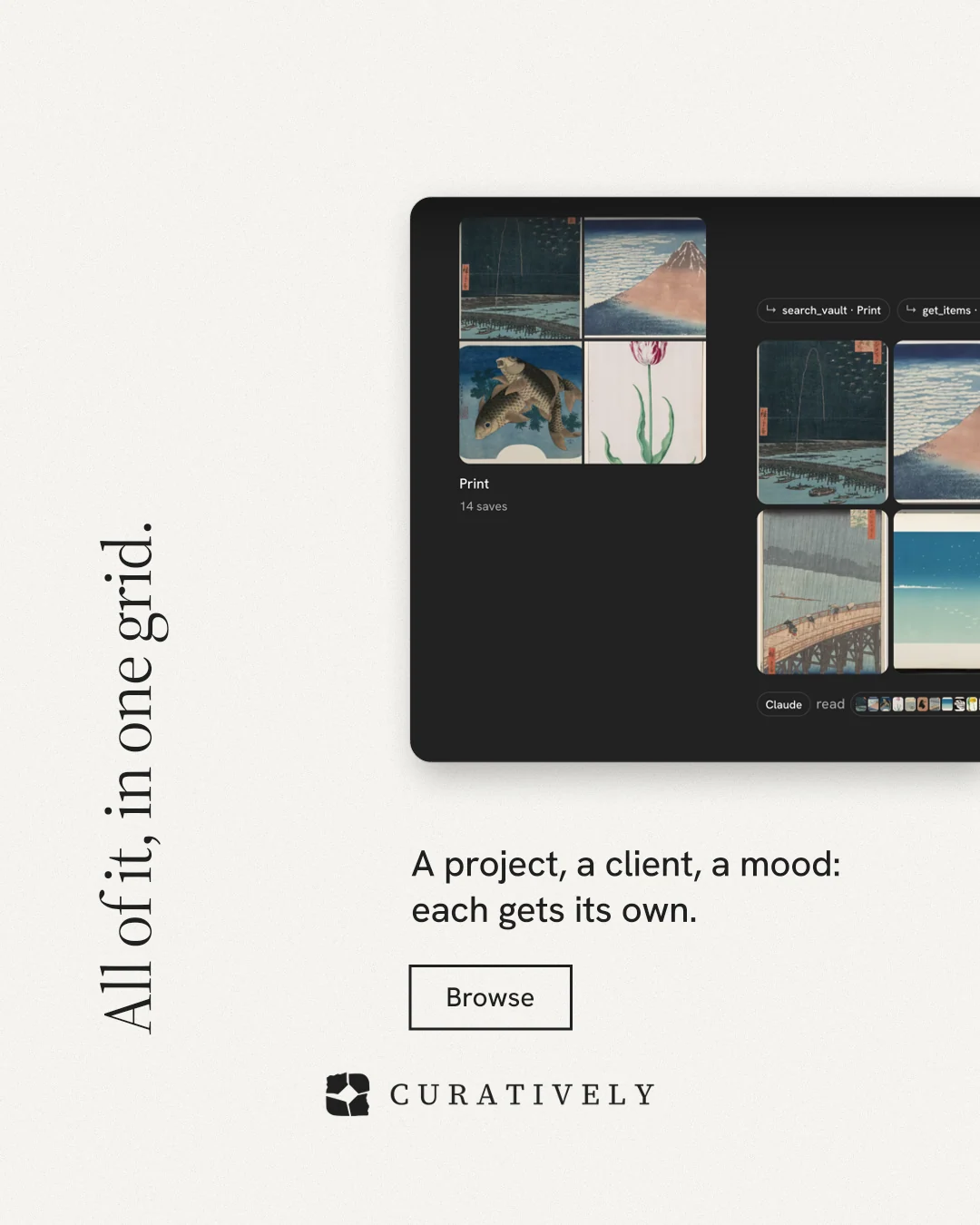 Instagram portrait post for Curatively: "All of it, in one grid." Editorial style, vertical layout, light palette in white, black, grey.