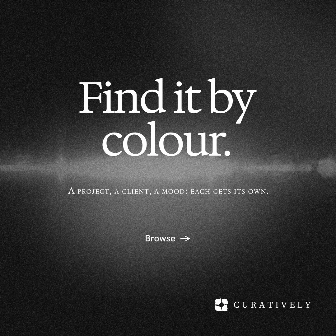 Instagram post for Curatively: "Find it by colour." Swiss style, smallcaps layout, dark palette in black, grey.