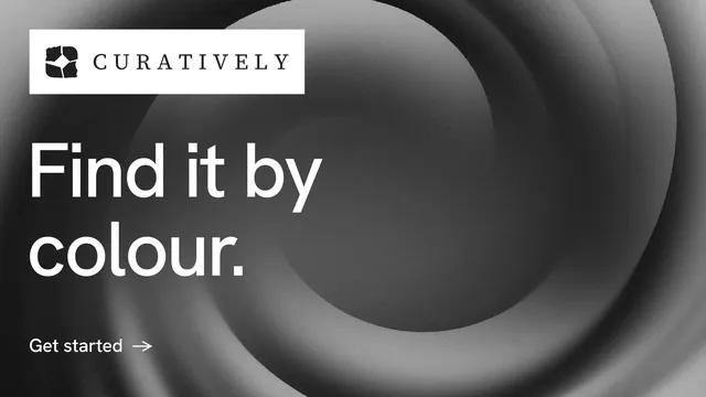 Landscape graphic for Curatively: "Find it by colour." Minimal luxury style, announce layout, dark palette in grey, black.
