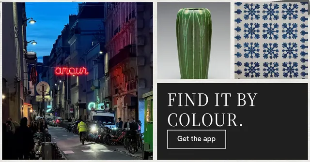 Social ad for Curatively: "Find it by colour." Editorial style, collage layout, dark palette in black, grey.