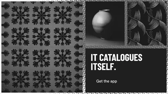 Landscape graphic for Curatively: "It catalogues itself." Retro print style, collage layout, dark palette in grey, black.