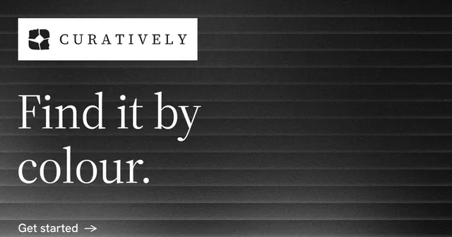 Social ad for Curatively: "Find it by colour." Minimal luxury style, announce layout, dark palette in black, grey.
