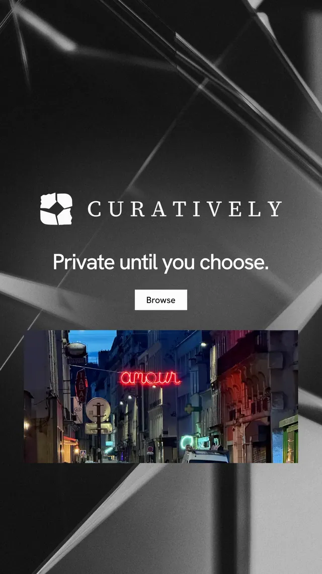 Instagram story for Curatively: "Private until you choose." Swiss style, logo hero layout, dark palette in grey, black.