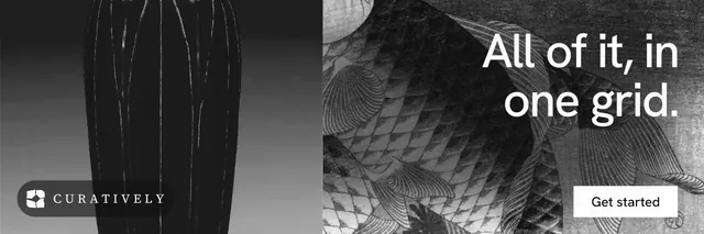 X header for Curatively: "All of it, in one grid." Swiss style, right layout, dark palette in black, grey.