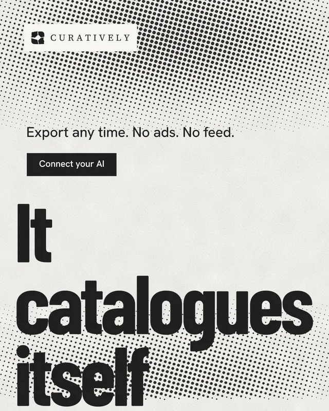 Instagram portrait post for Curatively: "Keep what catches your eye." Retro print style, oversized layout, light palette in grey, white.