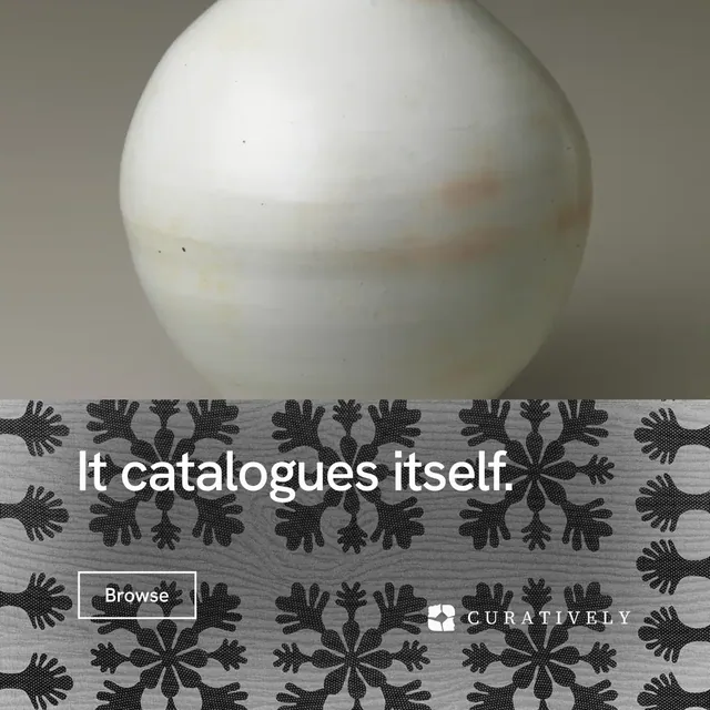 Instagram post for Curatively: "It catalogues itself." Editorial style, bottom layout, light palette in grey, white.