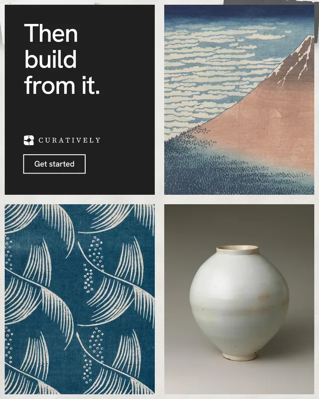 Instagram portrait post for Curatively: "Then build from it." Editorial style, collage layout, light palette in grey, black, white.