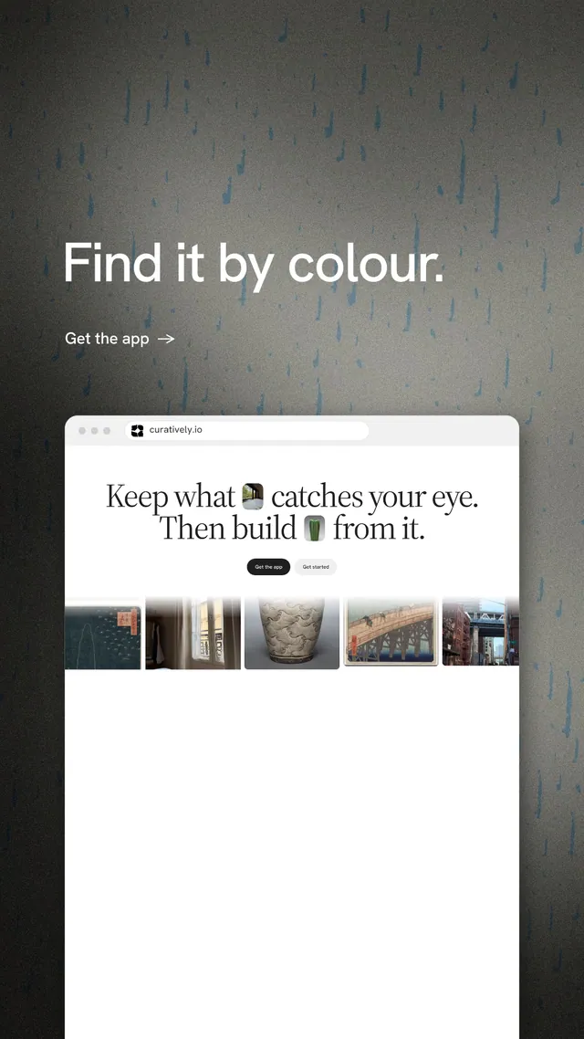 Instagram story for Curatively: "Find it by colour." Minimal luxury style, browser layout, light palette in white, grey, black.